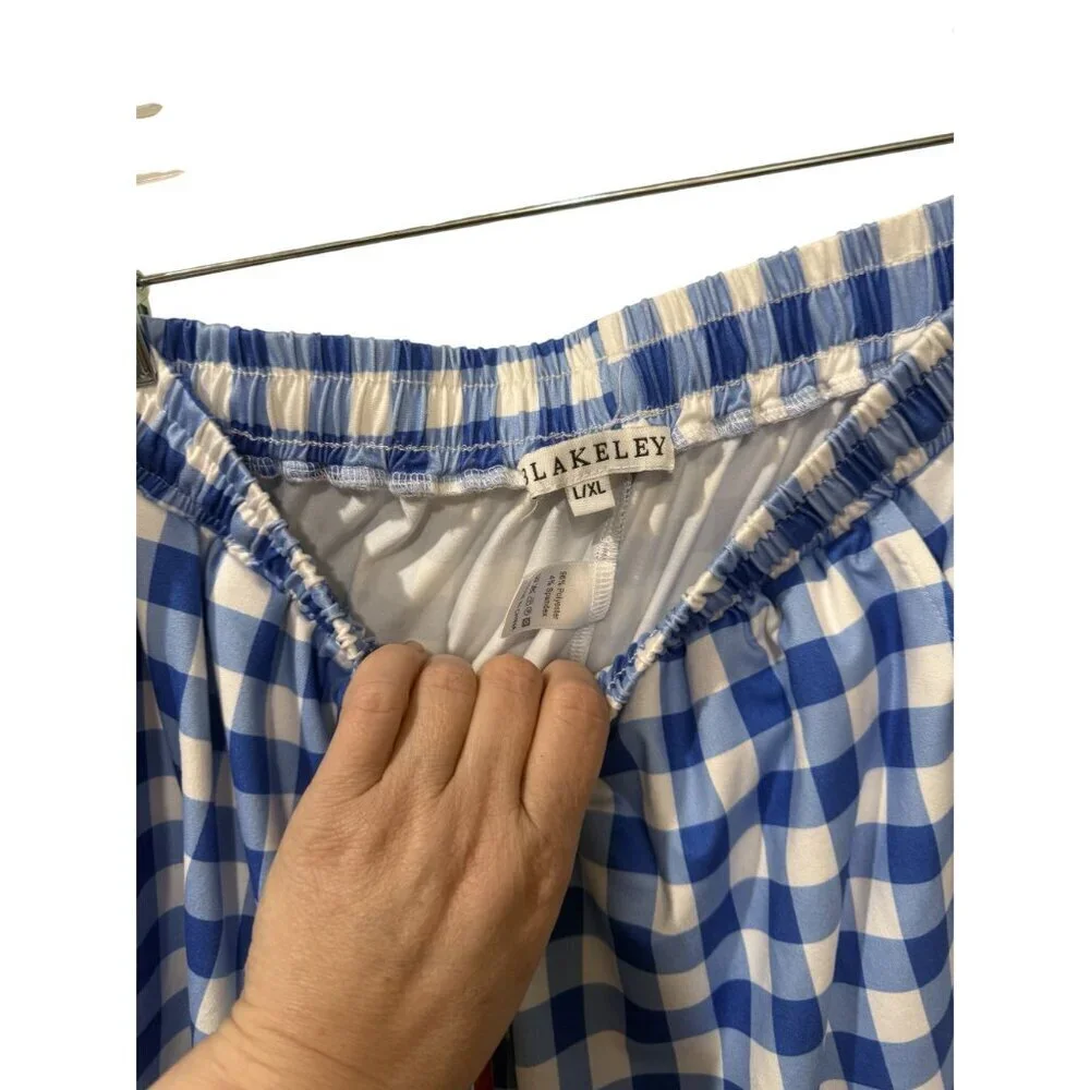 Blue & White Checkered Pajama Set With pink Piping By Blakeley L/XL Button-Up To
